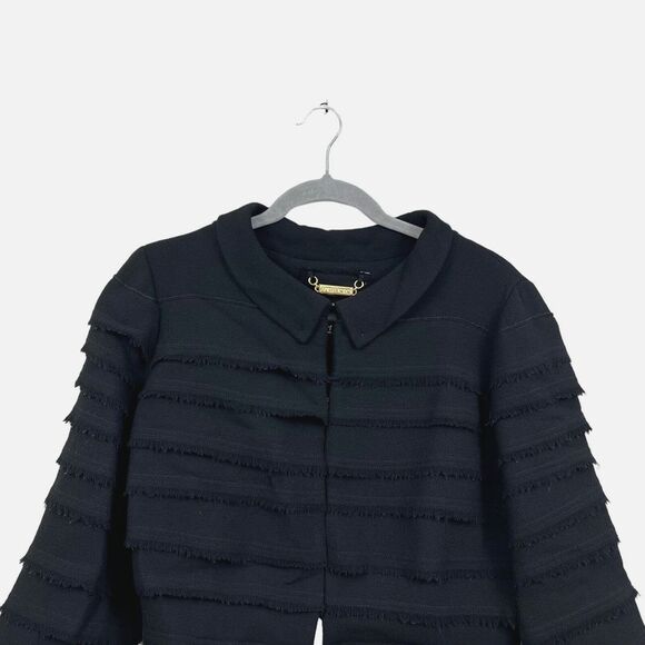 Amelia Toro Womens Wool Blazer‎ Tiered Fringed Trim 3/4 Sleeve Lined Black Sz 6 - Picture 2 of 6